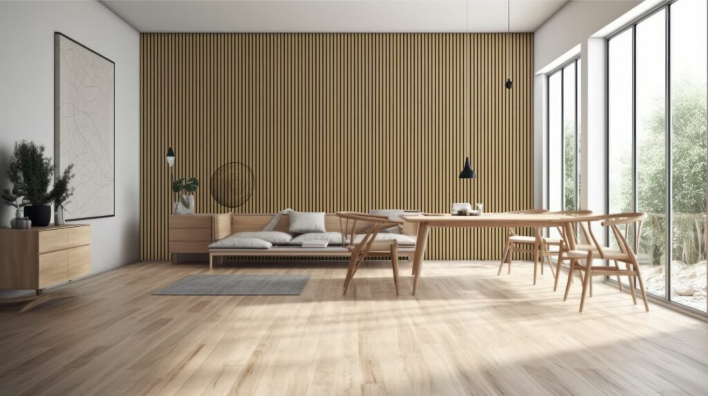 Zeus Interior's Sandy Bells acoustic wood panel enriches the interior design of a Barwon Heads dining area, embracing natural light and elegance. Create a harmonious dining experience with Sandy Bells panels, where design meets coastal serenity.